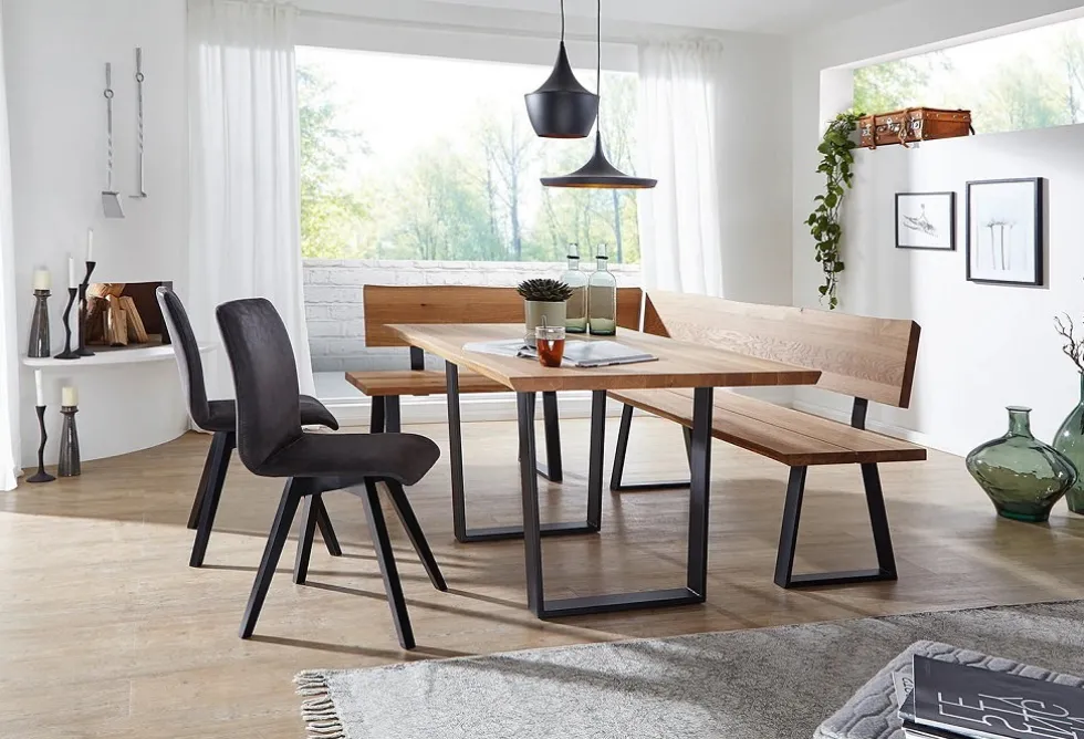 Sitzbank mit Lehne 'Granada' Wildeiche geölt & Metall VARIATIONEN möglich 180 cm