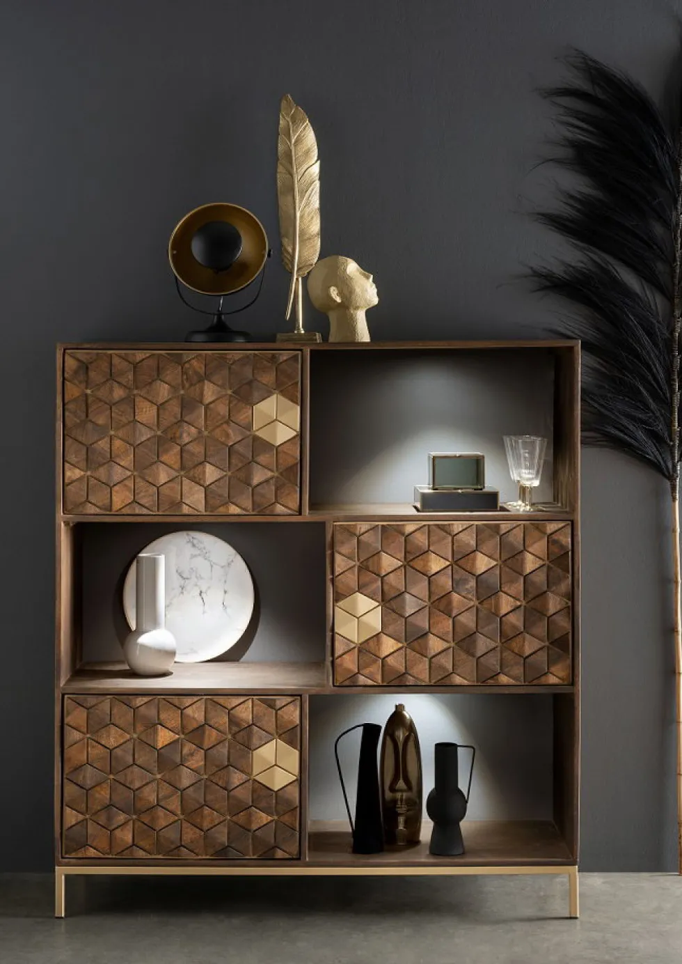 Standregal 130x143cm "Assuan" Mango & Metall goldfarbig WZ-0462