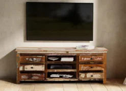 TV Board 160x60cm 'Hawkins' recyceltes Altholz mehrfarbig lackiert 6 Schubkästen