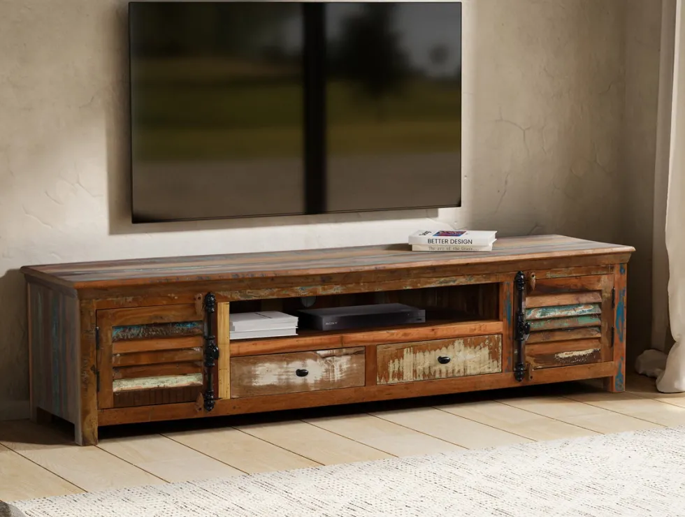 TV Board 200x50cm 'Hawkins' recyceltes Altholz mehrfarbig lackiert