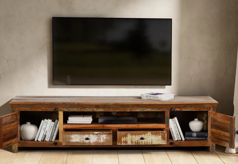 TV Board 200x50cm 'Hawkins' recyceltes Altholz mehrfarbig lackiert