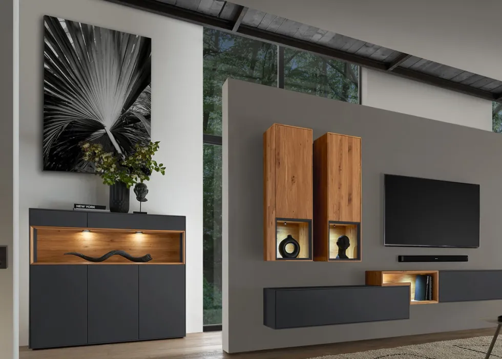 TV Board 180x55cm 'Locarno' Wildeiche massiv & MDF anthrazit inkl.Beleuchtung