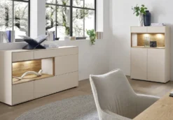 TV Board 180x55cm 'Locarno' Wildeiche massiv & MDF creme inkl.Beleuchtung