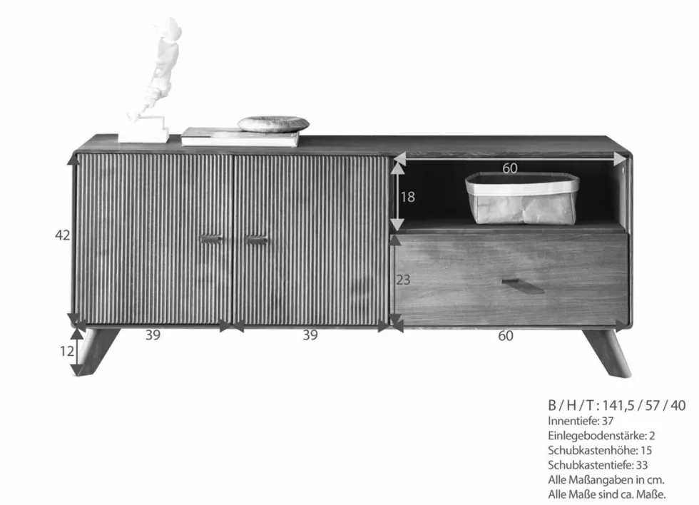 TV Board 141x57cm "Lugano" Kernbuche massiv Tabak geölt