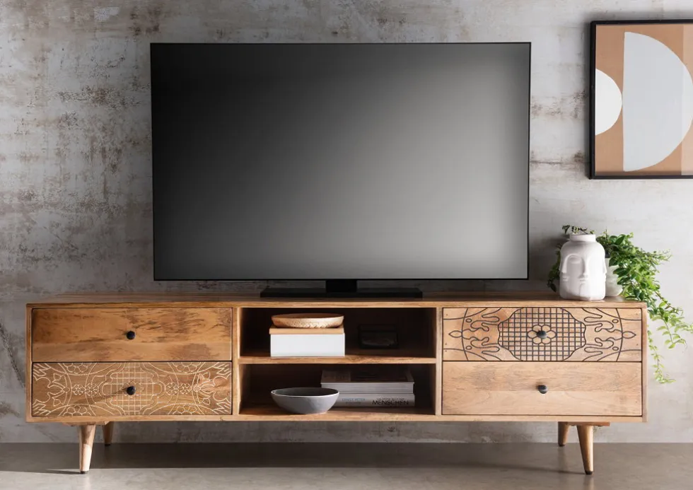 TV Board 180x50cm 'Lyn' Mangoholz mit schwarzen Ornamenten