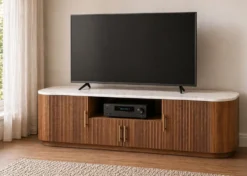 TV Board 220x55cm "Valencia"' Mango braun lackiert & Marmor weiss 2 große 2 kleine Türen