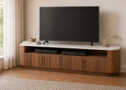 TV Board 220x55cm "Valencia"' Mango braun lackiert & Marmor weiss 4 kleine Türen