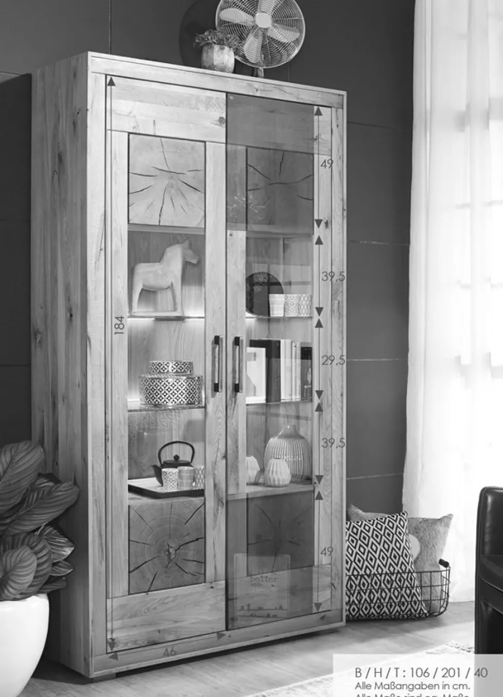 Vitrine 110x201cm 'Danzig' Kernbuche geölt
