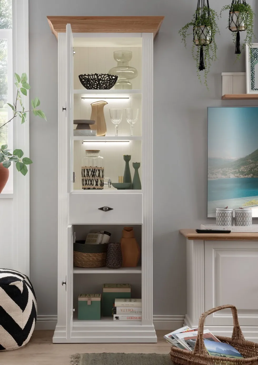 Vitrine 72x199cm "Jale" Kiefer & Eiche massiv WZ-0622