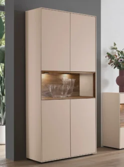 Vitrine 90x200cm 'Locarno II' Nussbaum massiv & MDF creme inkl.Beleuchtung