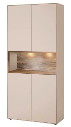 Vitrine 90x200cm 'Locarno II' Nussbaum massiv & MDF creme inkl.Beleuchtung