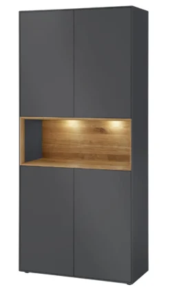 Vitrine 90x200cm 'Locarno' Wildeiche massiv & MDF anthrazit inkl.Beleuchtung