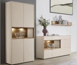 Vitrine 90x200cm 'Locarno' Wildeiche massiv & MDF creme inkl.Beleuchtung