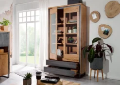 Vitrine 110x204cm 'Taipeh' Wildeiche & Metall gebürstet