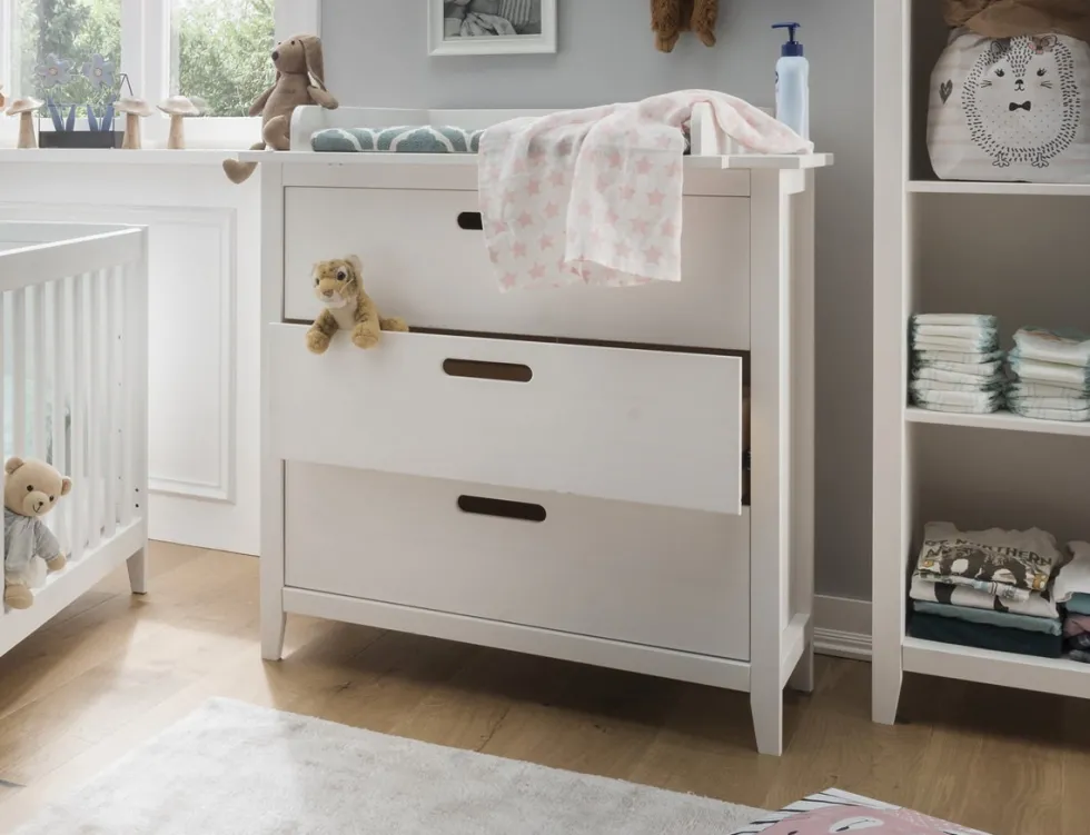 Wickelkommode 91cm mit Aufsatz "Maja" Kiefer massiv weiß lackiert