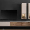 Wohnwand I 285cm 'Locarno II' Nussbaum massiv & MDF creme inkl.Beleuchtung