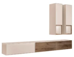 Wohnwand I 285cm 'Locarno II' Nussbaum massiv & MDF creme inkl.Beleuchtung