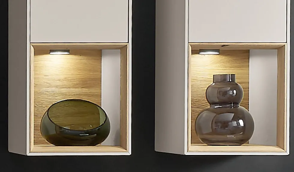 Wohnwand I 285cm 'Locarno' Wildeiche massiv & MDF creme inkl.Beleuchtung