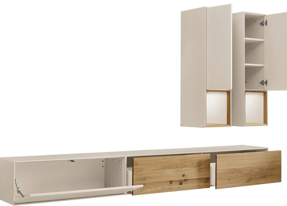 Wohnwand I 285cm 'Locarno' Wildeiche massiv & MDF creme inkl.Beleuchtung