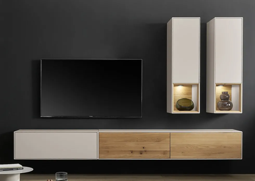 Wohnwand I 285cm 'Locarno' Wildeiche massiv & MDF creme inkl.Beleuchtung