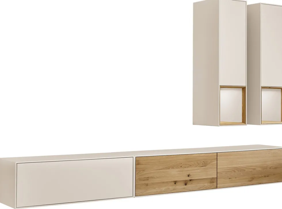 Wohnwand I 285cm 'Locarno' Wildeiche massiv & MDF creme inkl.Beleuchtung