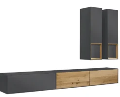 Wohnwand I 285cm 'Locarno' Wildeiche massiv & MDF anthrazit inkl.Beleuchtung
