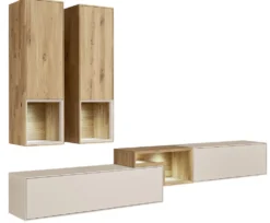 Wohnwand II 285cm 'Locarno' Wildeiche massiv & MDF creme inkl.Beleuchtung
