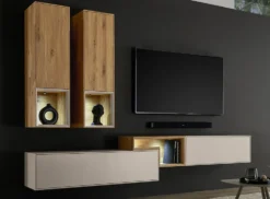 Wohnwand II 285cm 'Locarno' Wildeiche massiv & MDF creme inkl.Beleuchtung