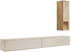 Wohnwand III 280cm 'Locarno' Wildeiche massiv & MDF creme inkl.Beleuchtung