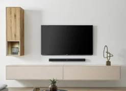 Wohnwand III 280cm 'Locarno' Wildeiche massiv & MDF creme inkl.Beleuchtung