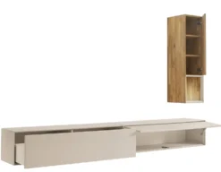 Wohnwand III 280cm 'Locarno' Wildeiche massiv & MDF creme inkl.Beleuchtung
