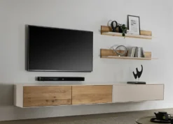 Wohnwand IV 320cm 'Locarno' Wildeiche massiv & MDF creme